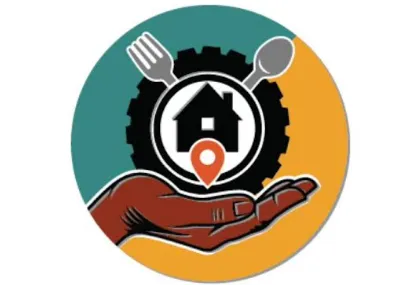 TrueServe circular logo — hand holding a gear with a house and location pin inside, fork and spoon, split teal and yellow background.