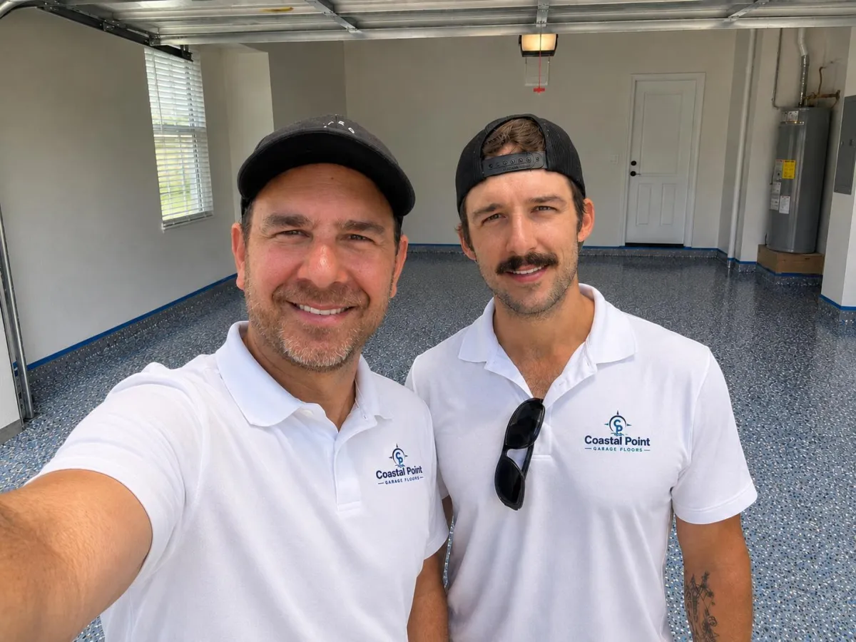 Jaco and Josh, founders of Coastal Point Garage Floors standing in a clean garage environment