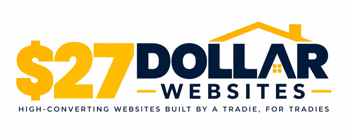Large logo graphic with '$27' in yellow, 'DOLLAR WEBSITES' in navy, and a yellow roof icon.