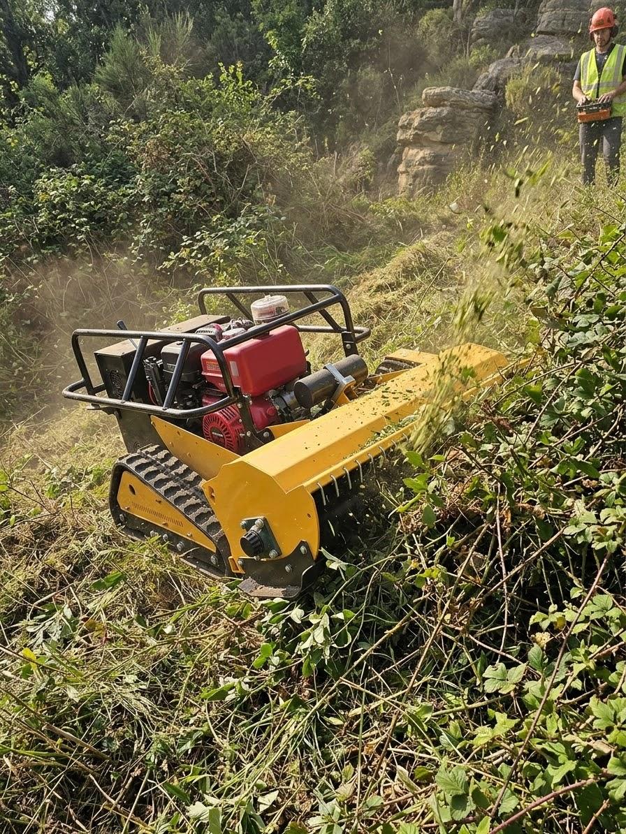 Specialized steep slope land clearing tracked machinery operating securely on an incline