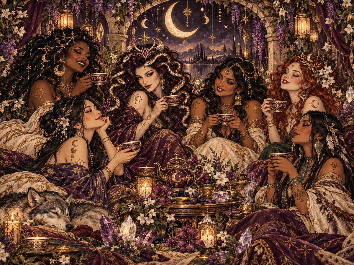 Intricate, dark academia or fantasy-style illustration of several women with long flowing hair, wearing rich jewel tones, gathered around a wooden table filled with glowing bottles, herbs, candles, and mystical objects under a starry sky.