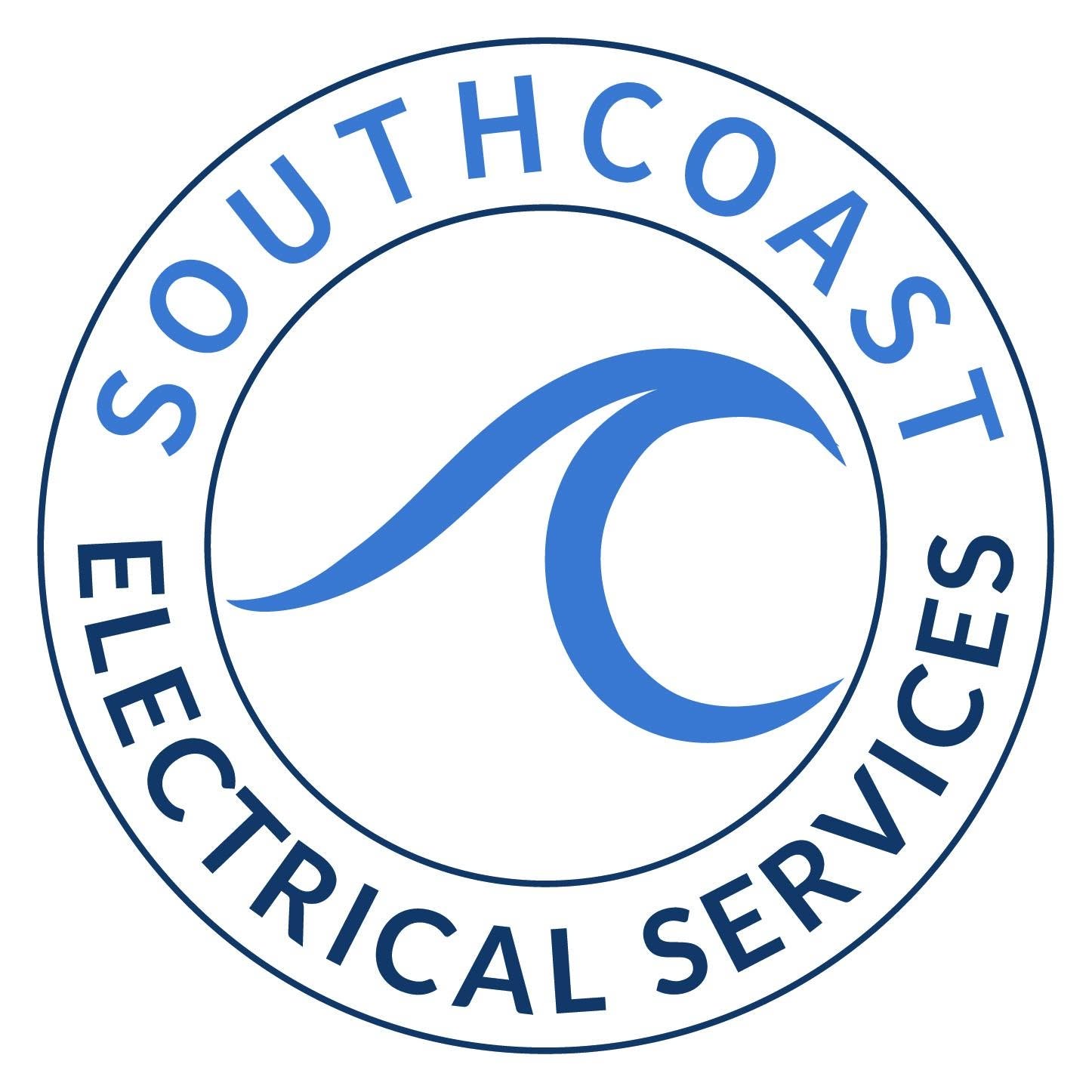 Large circular logo with 'SOUTHCOAST' curved along the top and 'ELECTRICAL SERVICES' along the bottom edge inside a thin circular border. The center features a stylized blue wave icon.