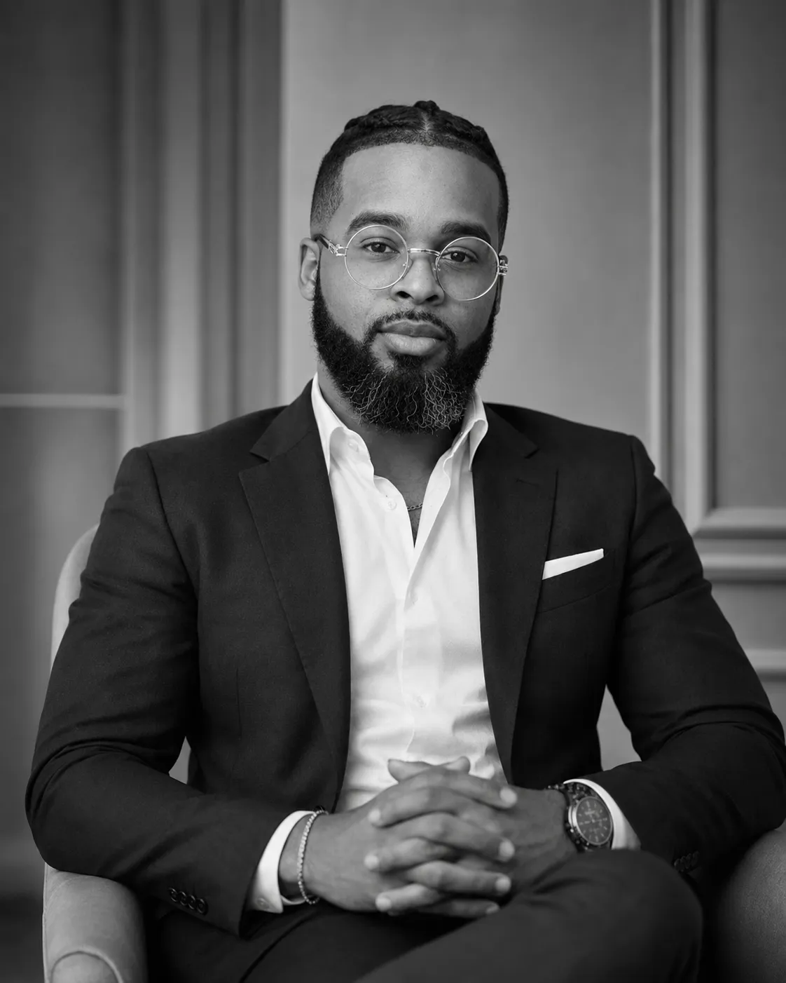 Editorial portrait of Dr. Miller in black and white