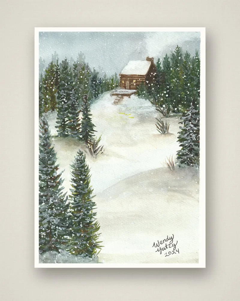 Log Cabin Snowfall watercolor Christmas card design