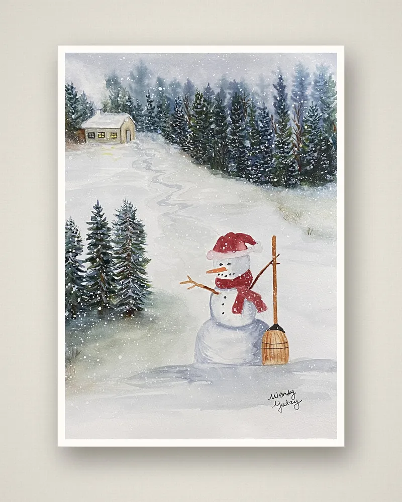 Snowman in the Woods watercolor Christmas card design