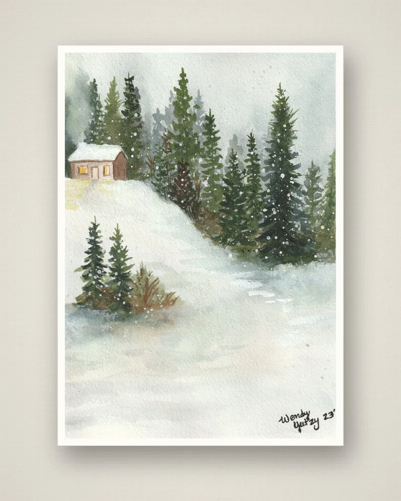 Snowy Cabin in the Pines watercolor Christmas card design