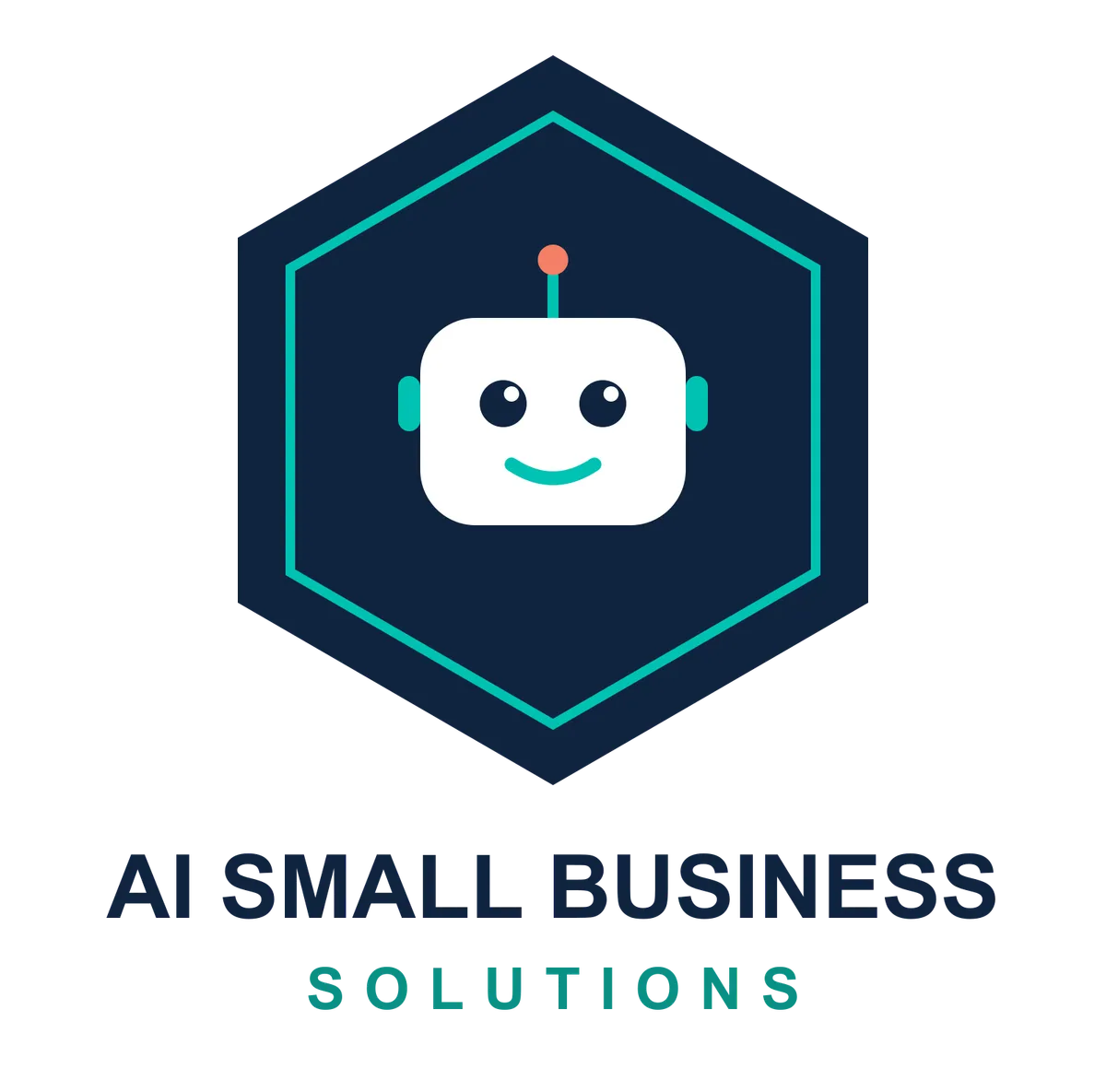 Hexagonal logo mark containing a friendly white robot face with big eyes, a small antenna with a red dot, and a teal smile. The hexagon has a dark blue background and a teal outline.