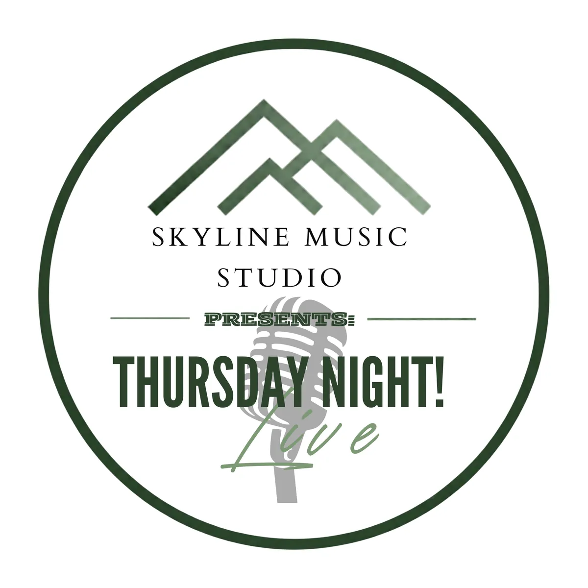 Thursday Night! Live logo for Skyline Music Studio (circular badge with mountains and vintage microphone)