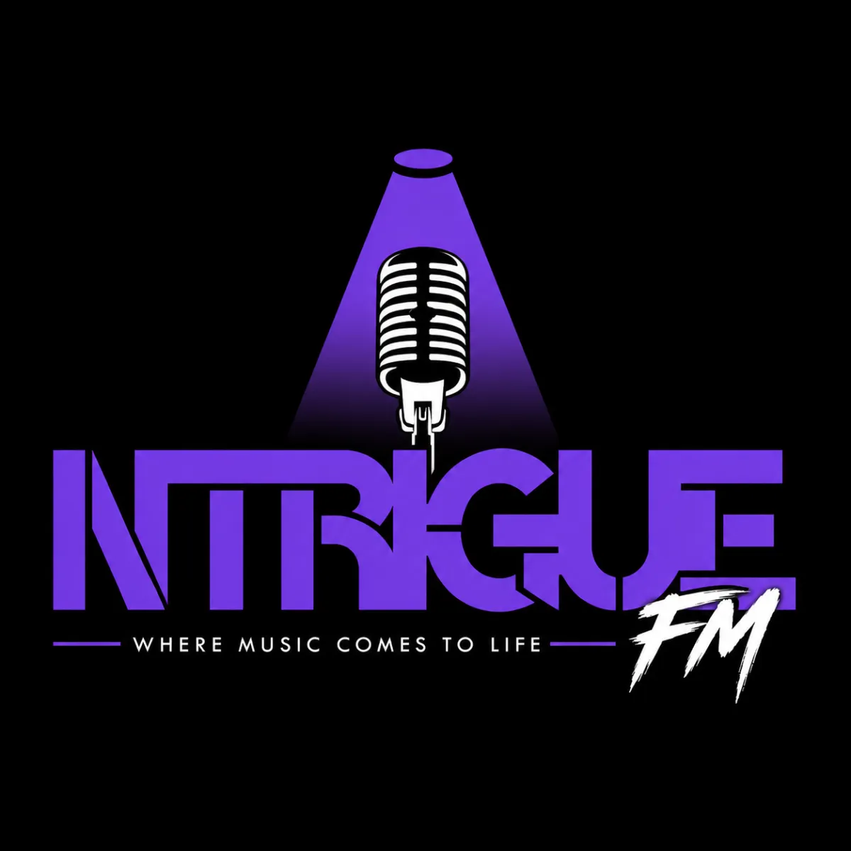 Ntrigue FM logo with microphone spotlight