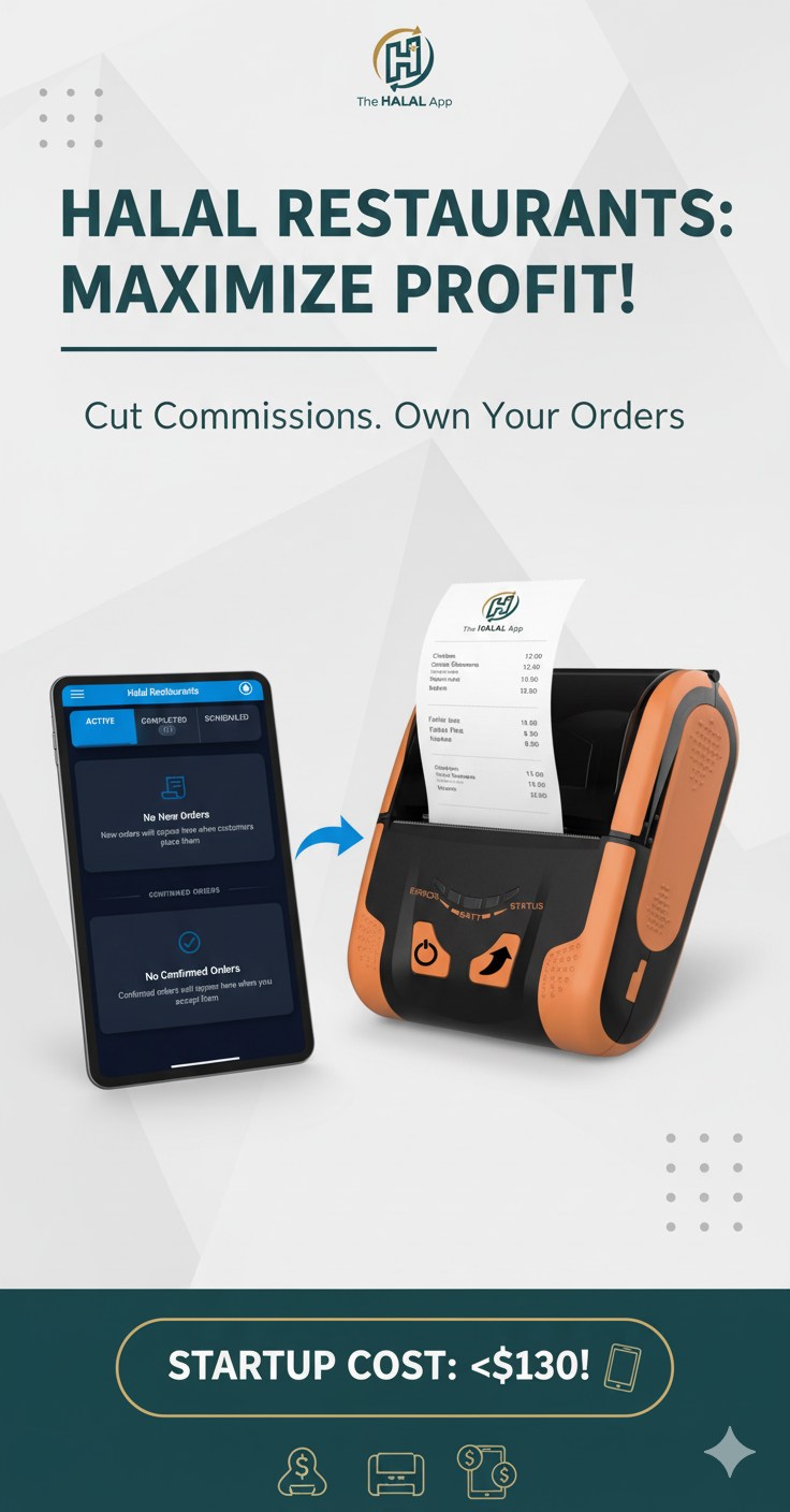 SaffronPad tablet with The Halal App printer, portrait composition