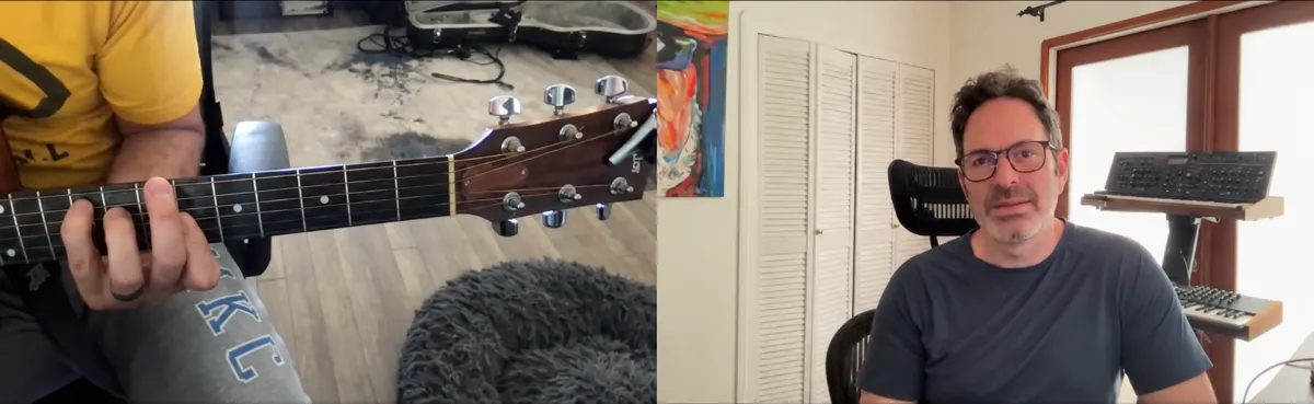 Josh Charles co-writing session on Zoom (split-screen with client on guitar)