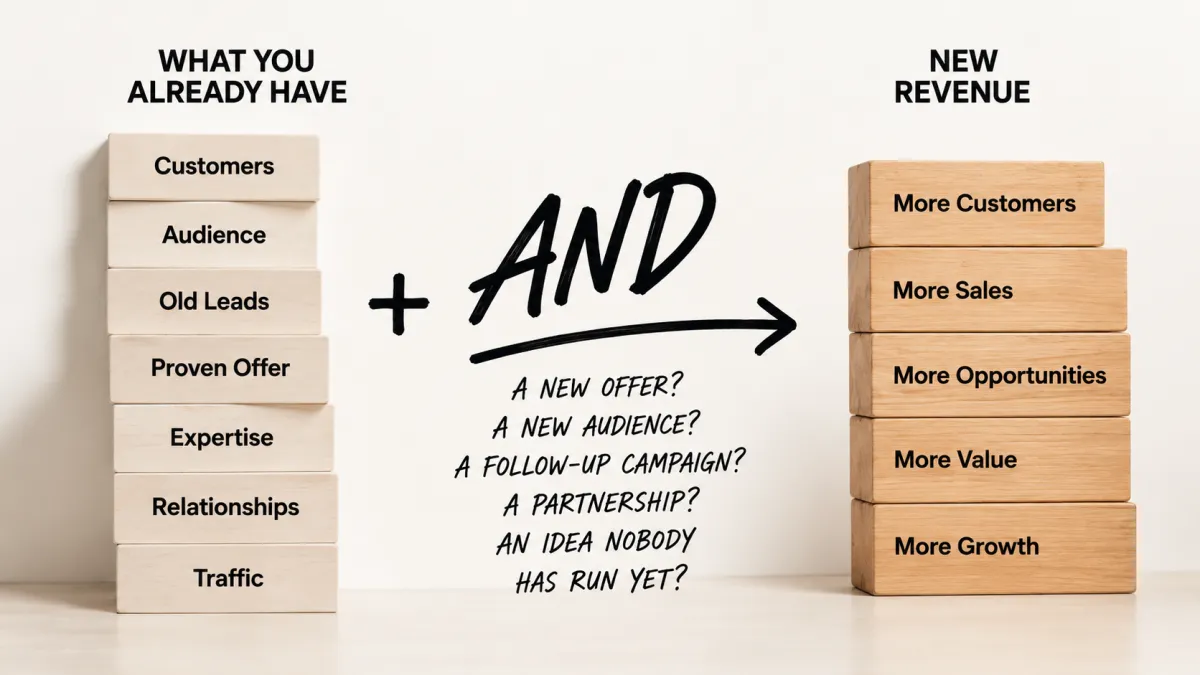 Conceptual illustration showing a stack of light wooden blocks labeled with 'Customers', 'Audience', 'Old Leads' on the left, an arrow pointing right with '+ AND', and a stack of darker wooden blocks labeled 'More Customers', 'More Sales', etc., on the right.