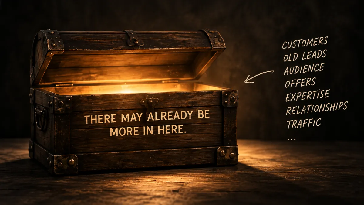 An open vintage wooden treasure chest illuminated from the inside, placed in a dark setting, symbolizing hidden value.