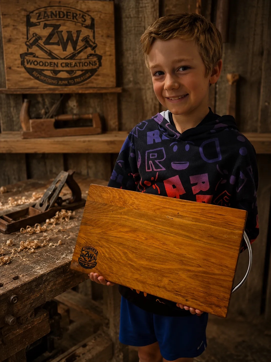 Zander holding a handcrafted wooden chopping board