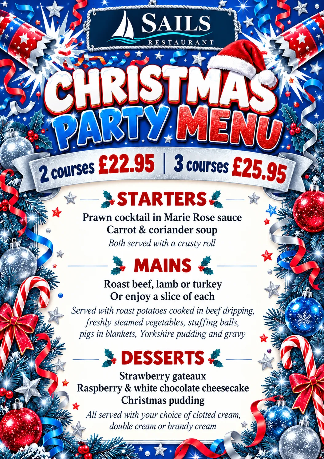 Sails Looe Christmas Party Menu