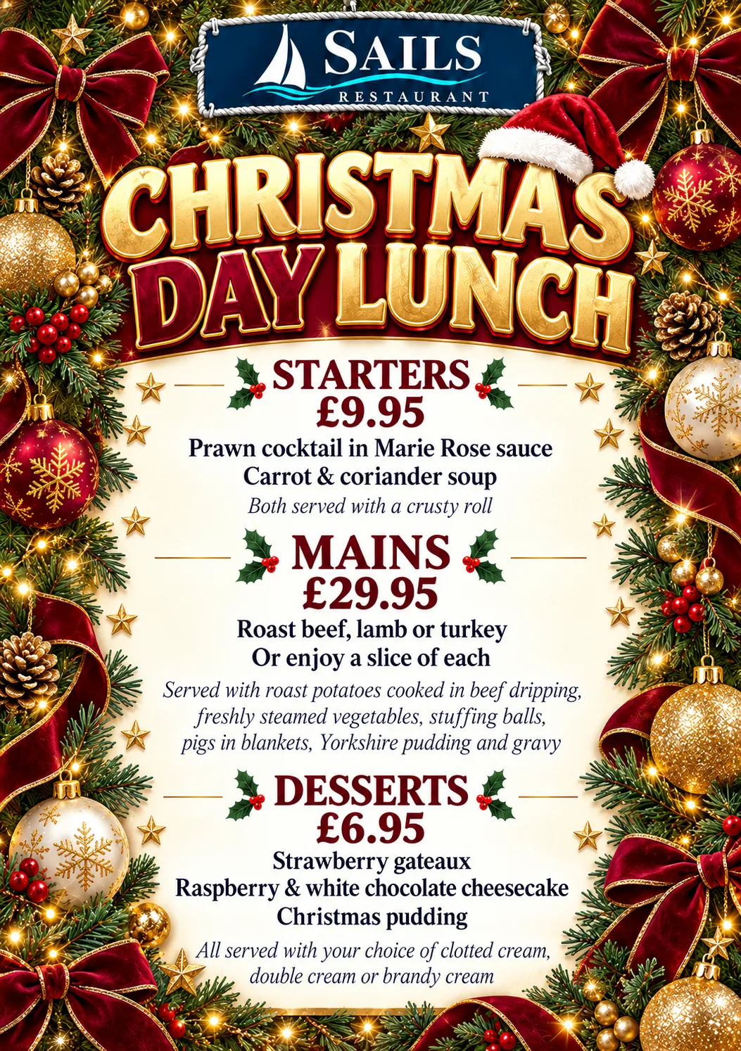 Sails Looe Christmas Day Lunch Menu