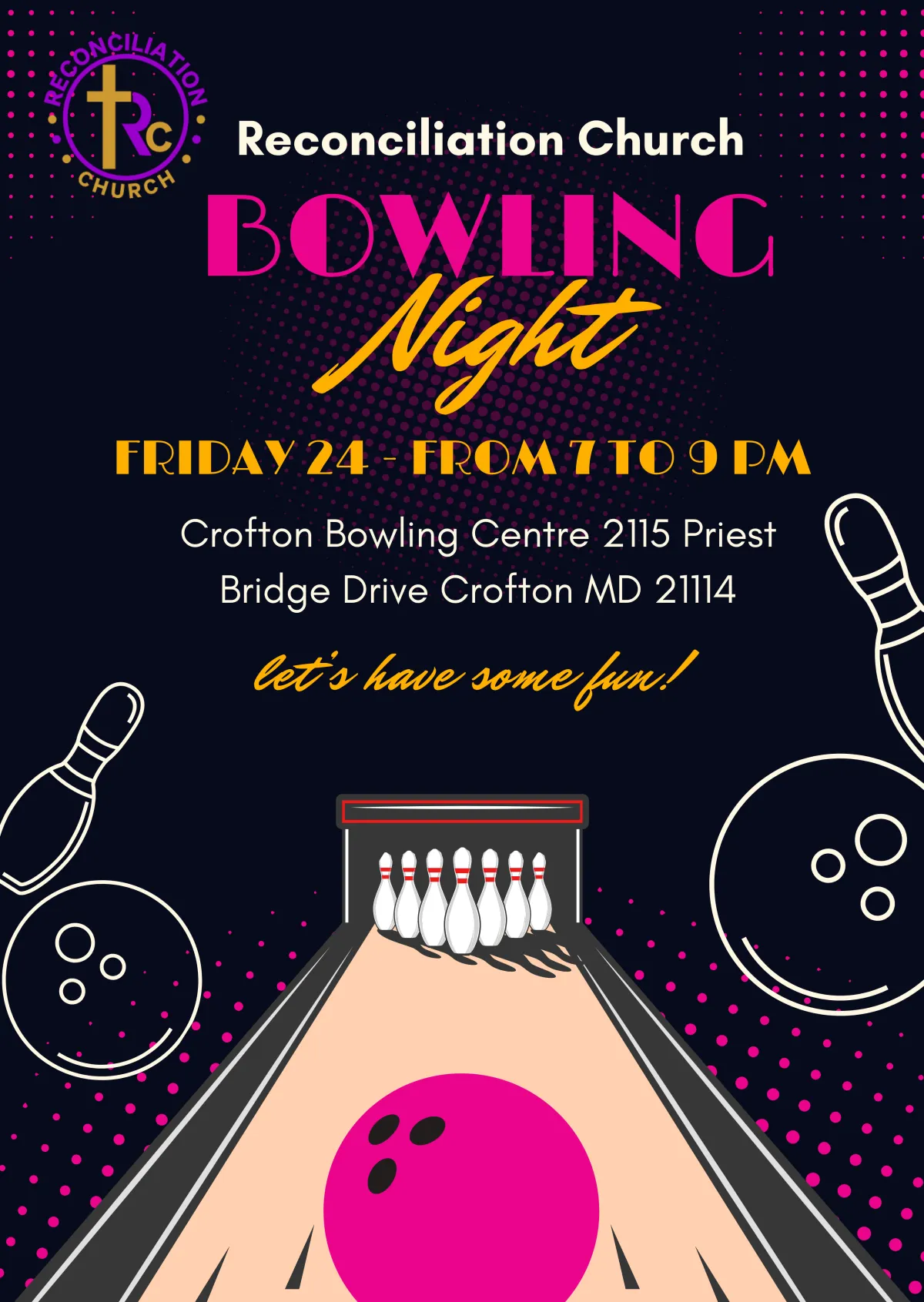Bowling night invitation — purple and yellow illustration.
