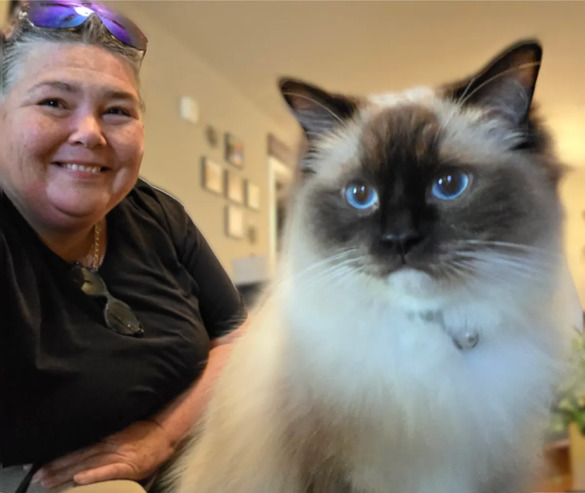 Cat Sitter sitting with a cat taking a selfie together