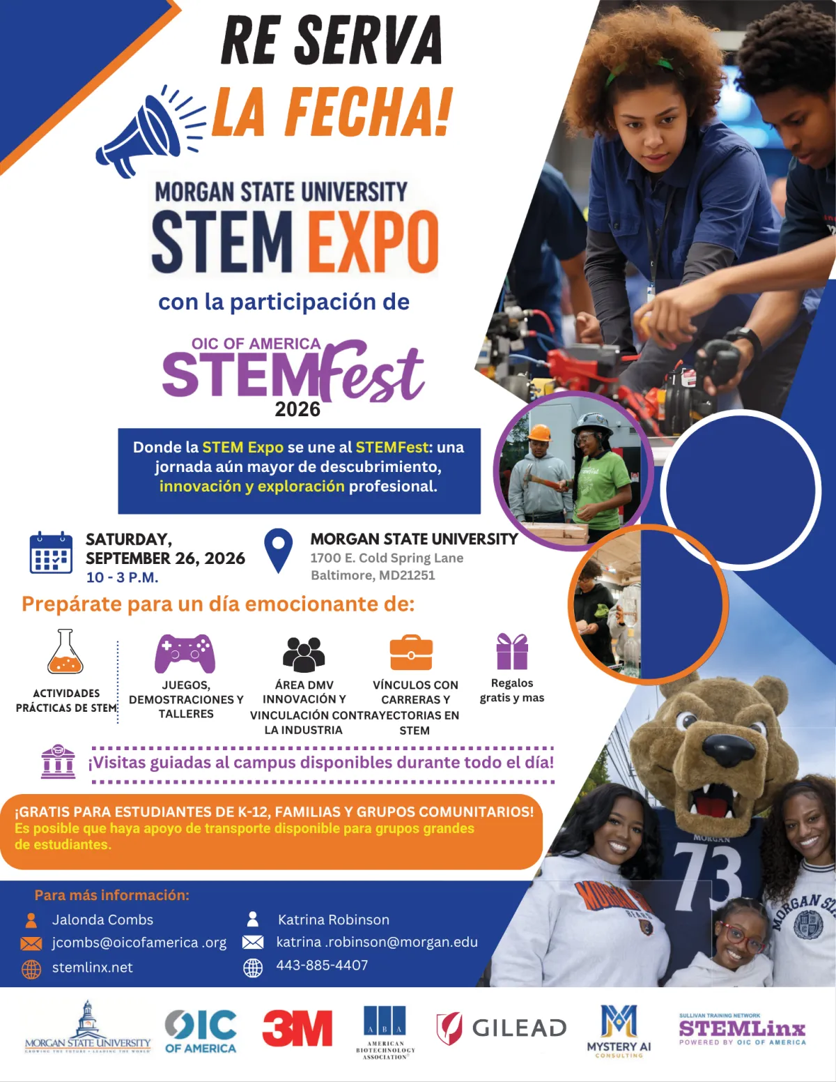 Save the Date Spanish Flyer — Black students and volunteers sharing flyers at a community STEM Expo