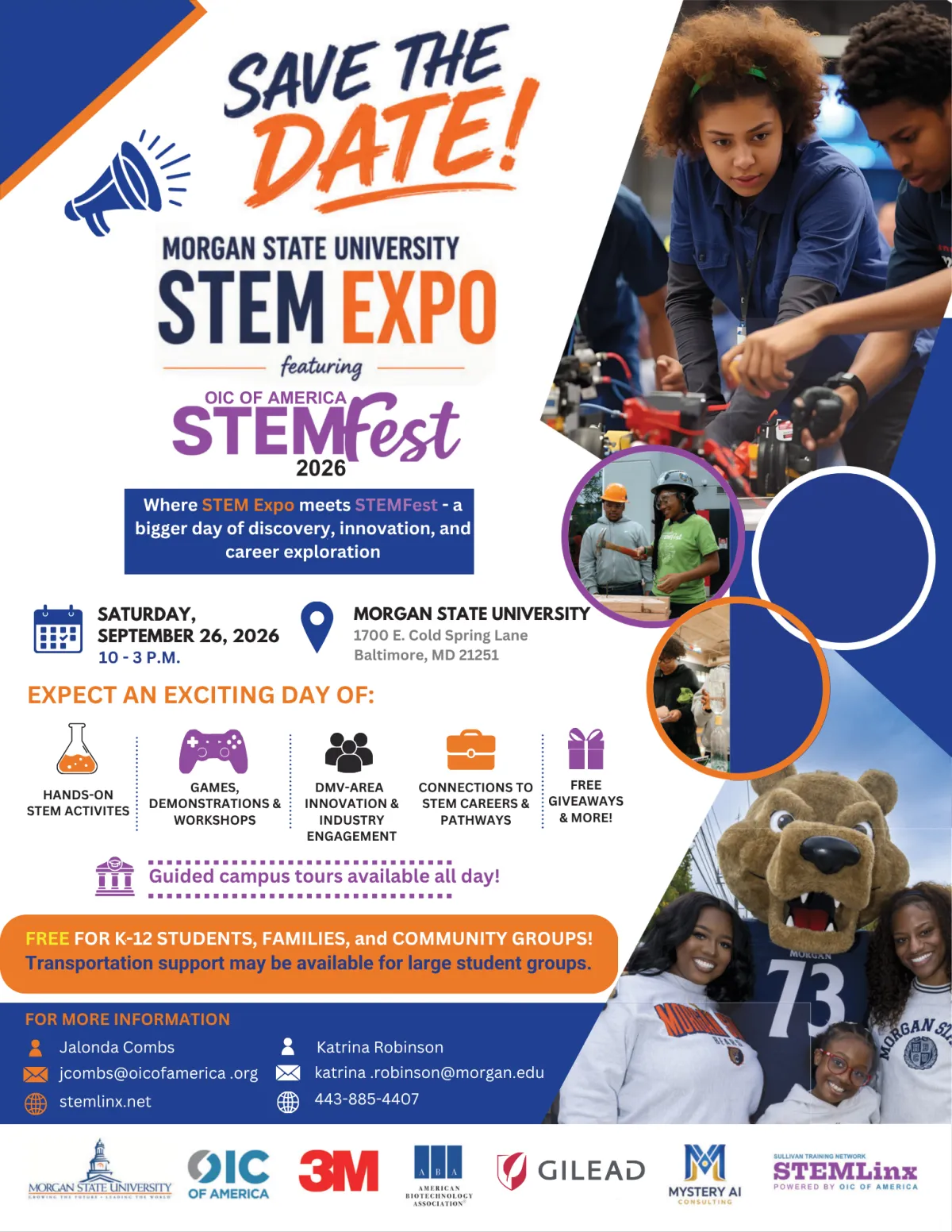 Save the Date English Flyer — Black students and volunteers sharing flyers at a community STEM Expo