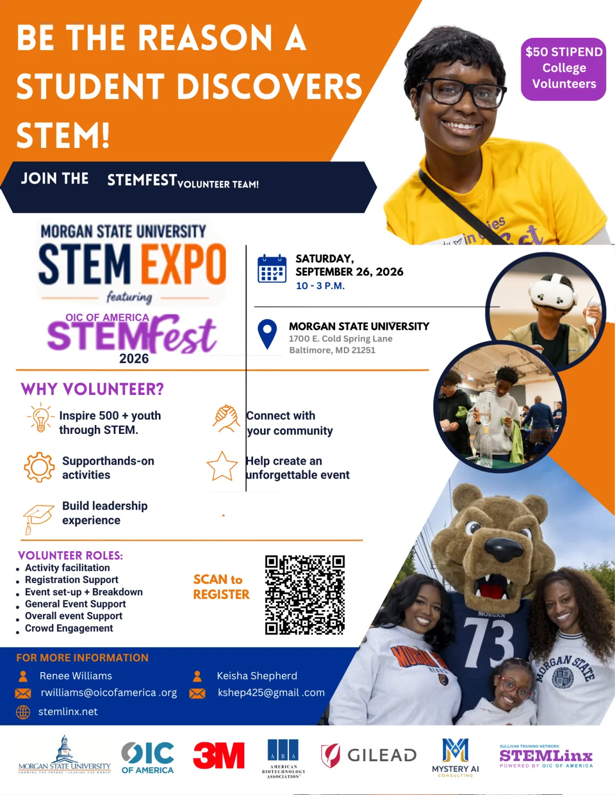 Volunteer Request Flyer — volunteers and alumni sharing materials and staffing at a community STEM Expo