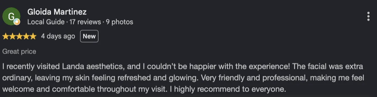 Client review screenshot (Google review) for Landa Aesthetics