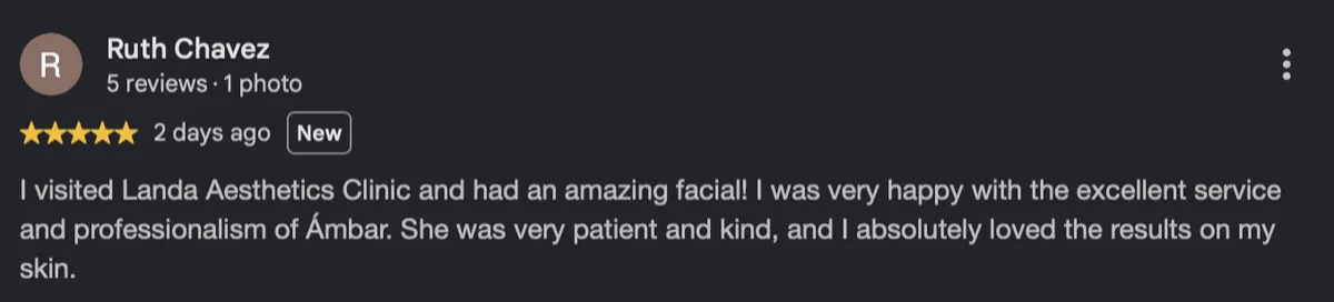 Client review screenshot (Google review) for Landa Aesthetics