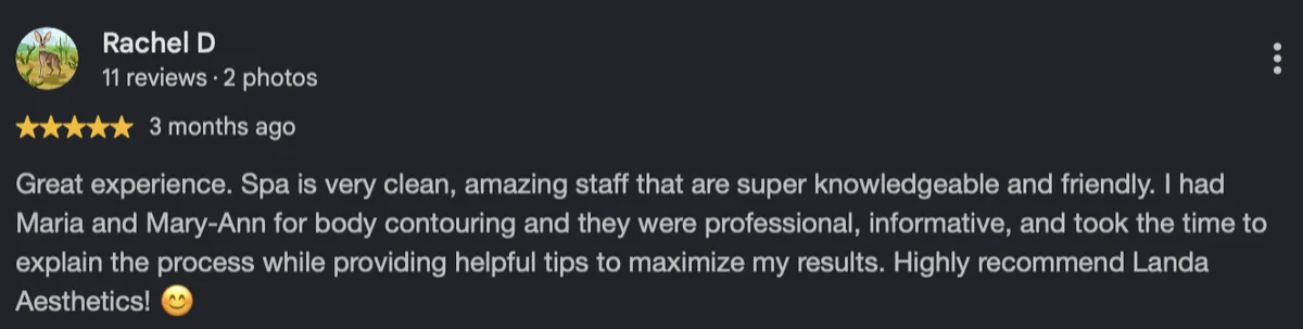 Google review screenshot for Landa Aesthetics (5-star review).