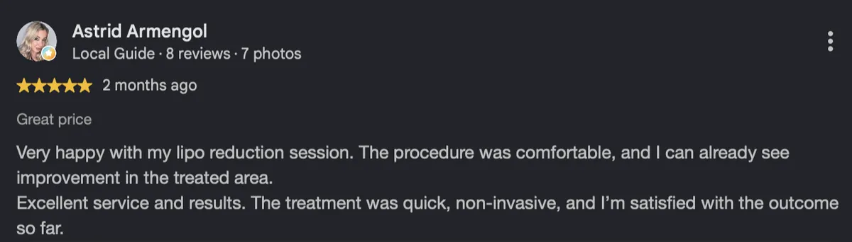Client review screenshot (Google review) for Landa Aesthetics