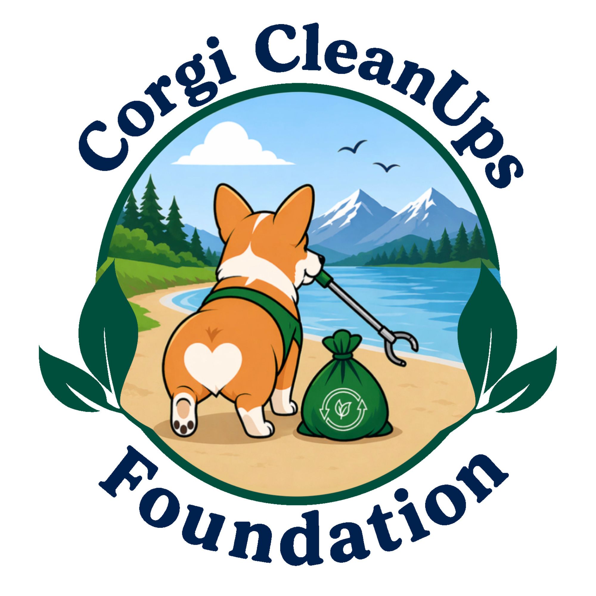 Corgi CleanUps Foundation Logo - A corgi holding a trash picker next to a green recycling bag on a beach