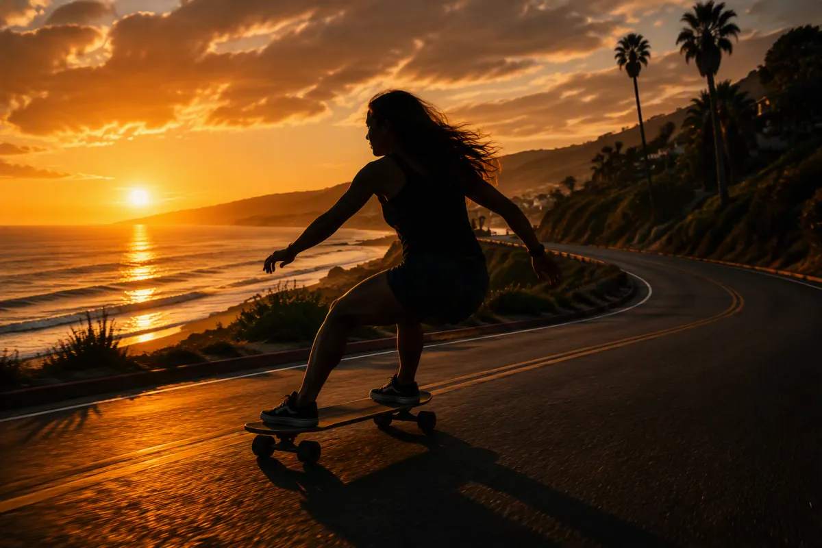 Patricia training inland on a surfskate carving down an asphalt incline with athletic form and sunset lighting