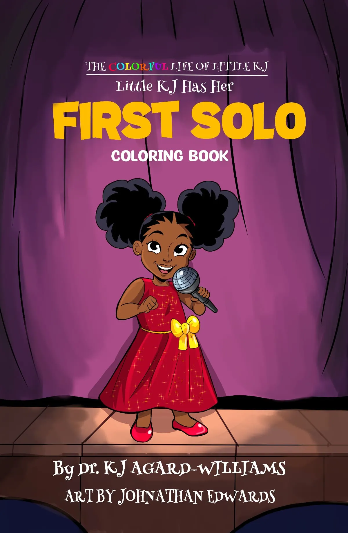 Cover of 'Little KJ Has Her FIRST SOLO COLORING BOOK' showing a young girl in a red dress on stage with a microphone.