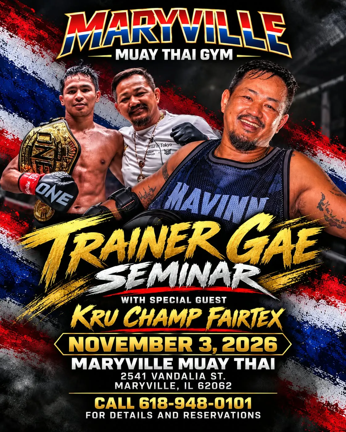 Trainer Gae Seminar flyer for Maryville Muay Thai Gym featuring special guest Kru Champ Fairtex