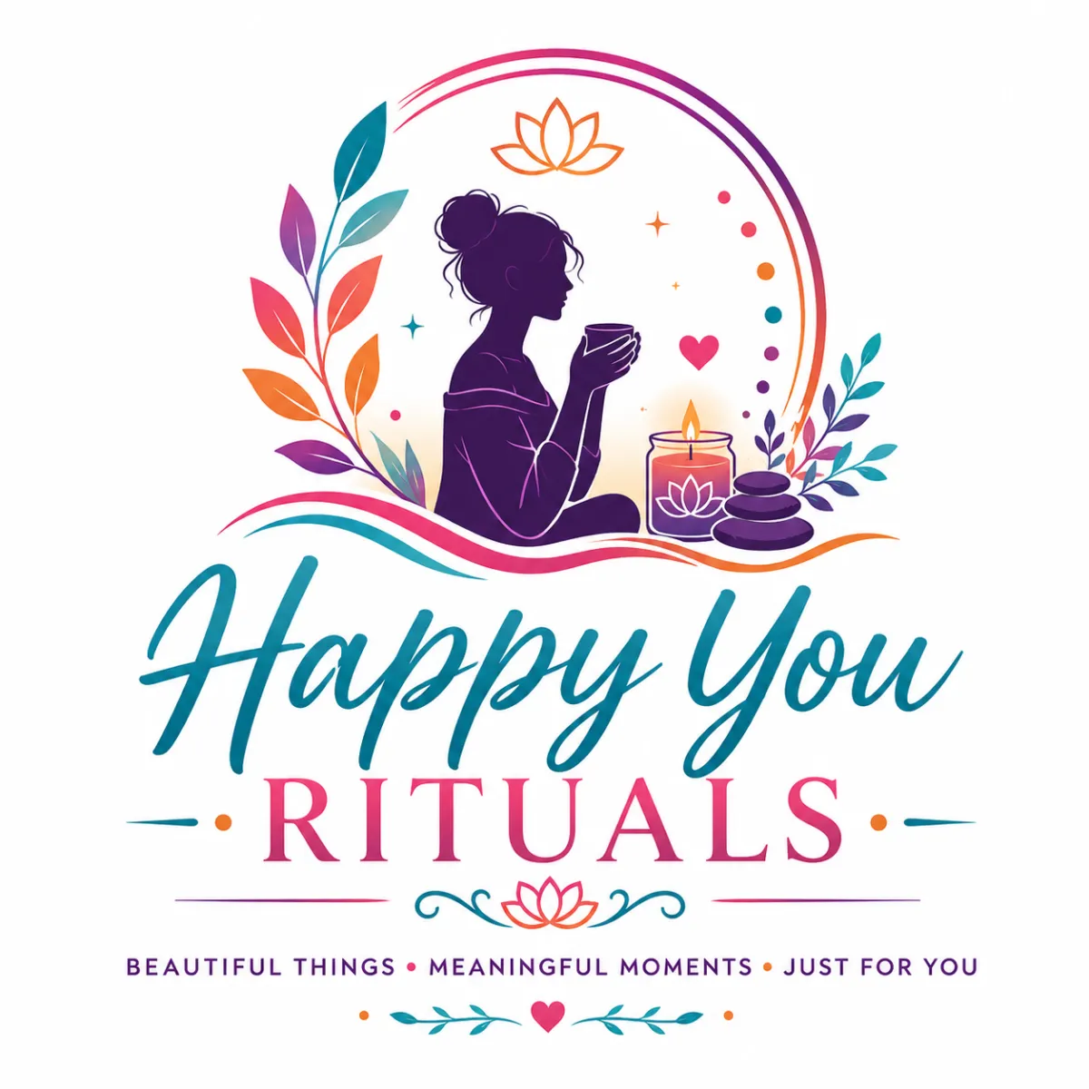 Happy You Rituals logo — woman with cup and candle framed by leaves
