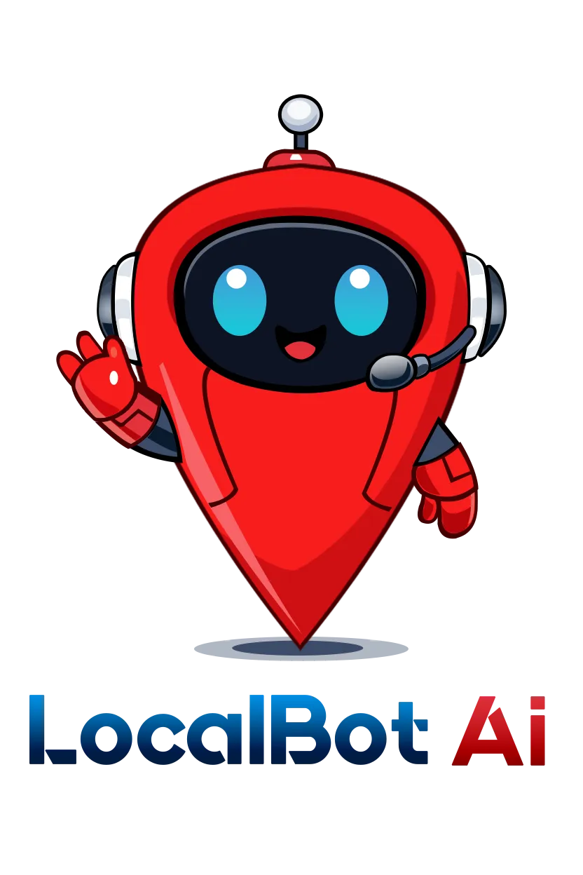 LocalBot AI map-pin robot mascot with logo