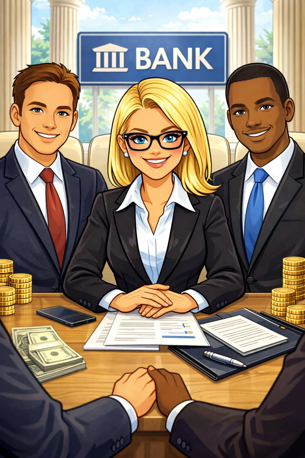 Cartoon advisor helping different mortgage clients