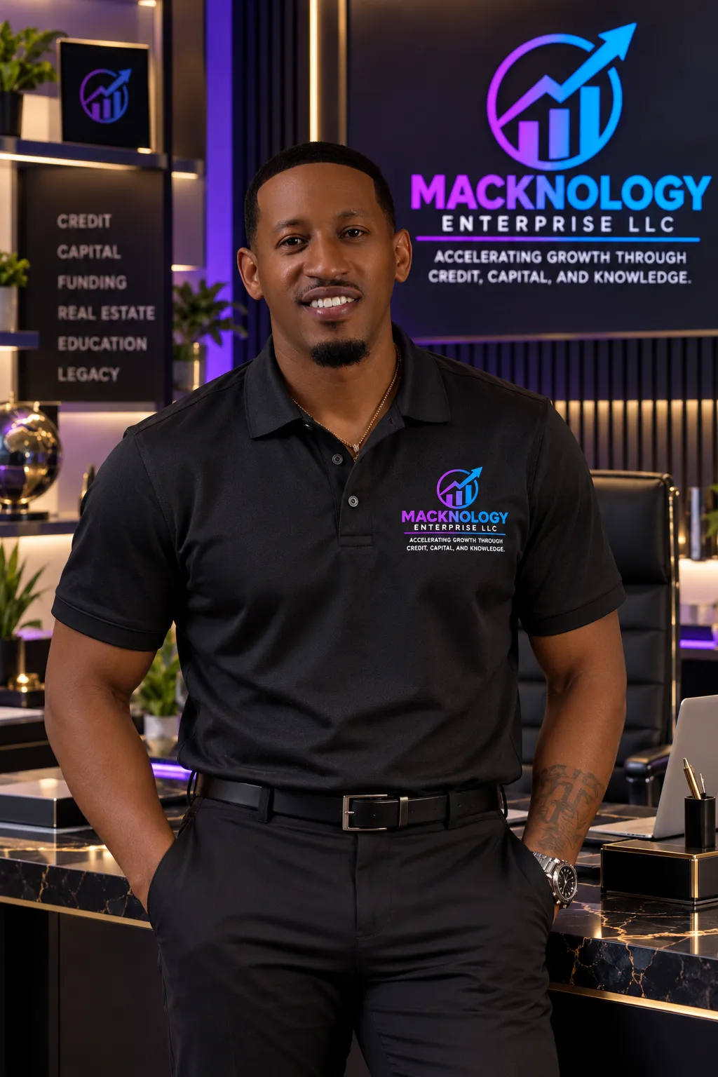 Portrait of a smiling Black man in a black polo shirt with the company logo, standing in a well-lit office with shelves and a lit neon sign in the background.