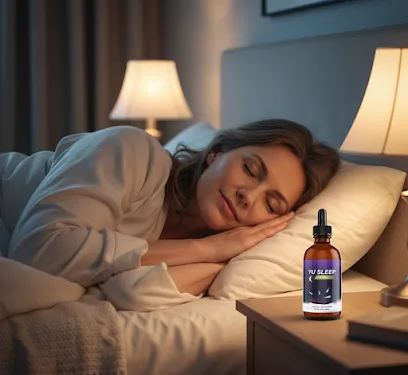 Premium nighttime supplement bottle with soft glow in a dark bedroom, beside a peacefully sleeping person