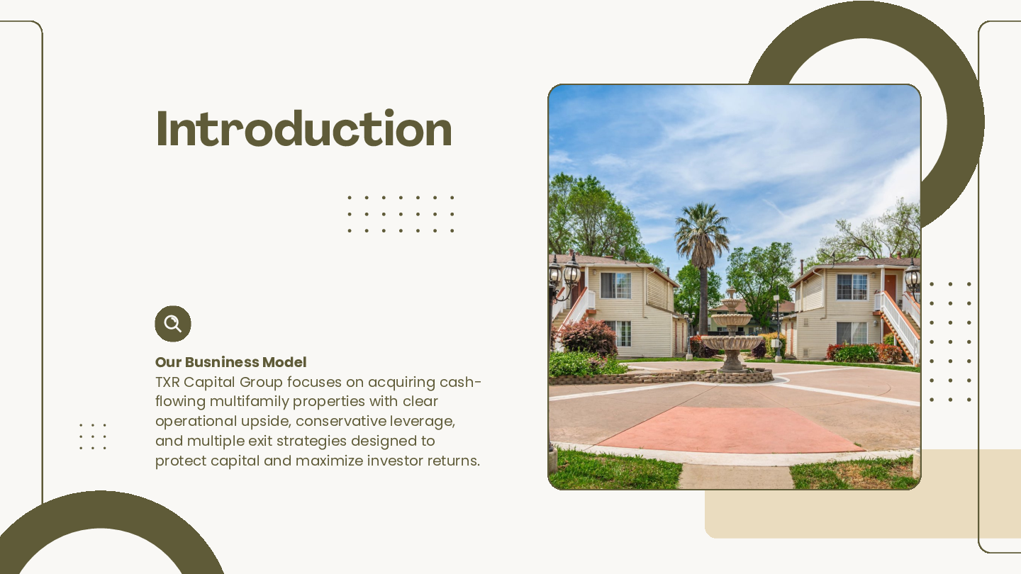 Multifamily property thesis layout with key numbers and supporting image