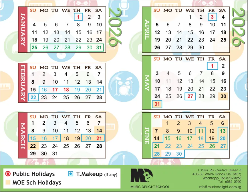 Academic year calendar for January–June 2026