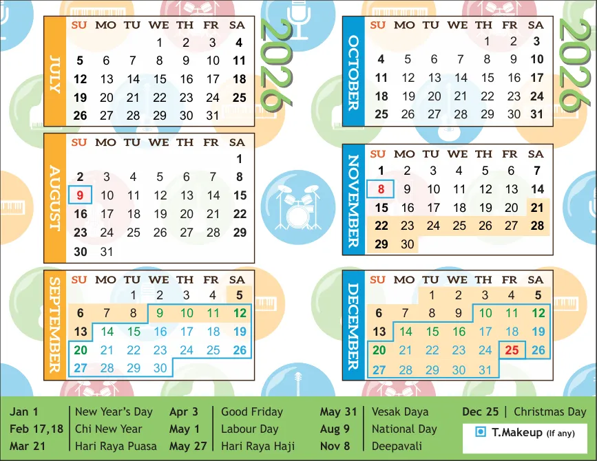 Academic year calendar for July–December 2026