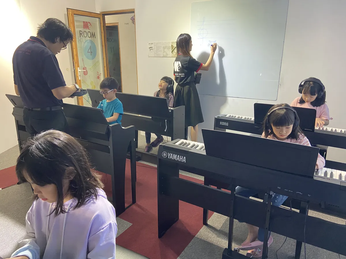 Piano students playing during a lesson