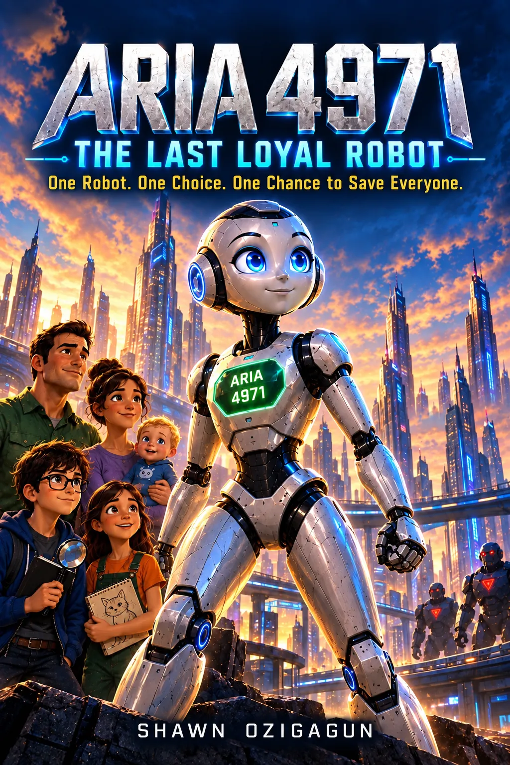 Sci-fi book cover for 'ARIA 4971: THE LAST LOYAL ROBOT' showing a young female robot with a glowing green chest badge standing heroically in front of a group of humans with a towering futuristic city at sunset in the background.