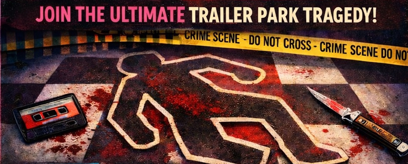 Neon crime dinner artwork for Britt's Wine & Dine Murder Crime Dinner event