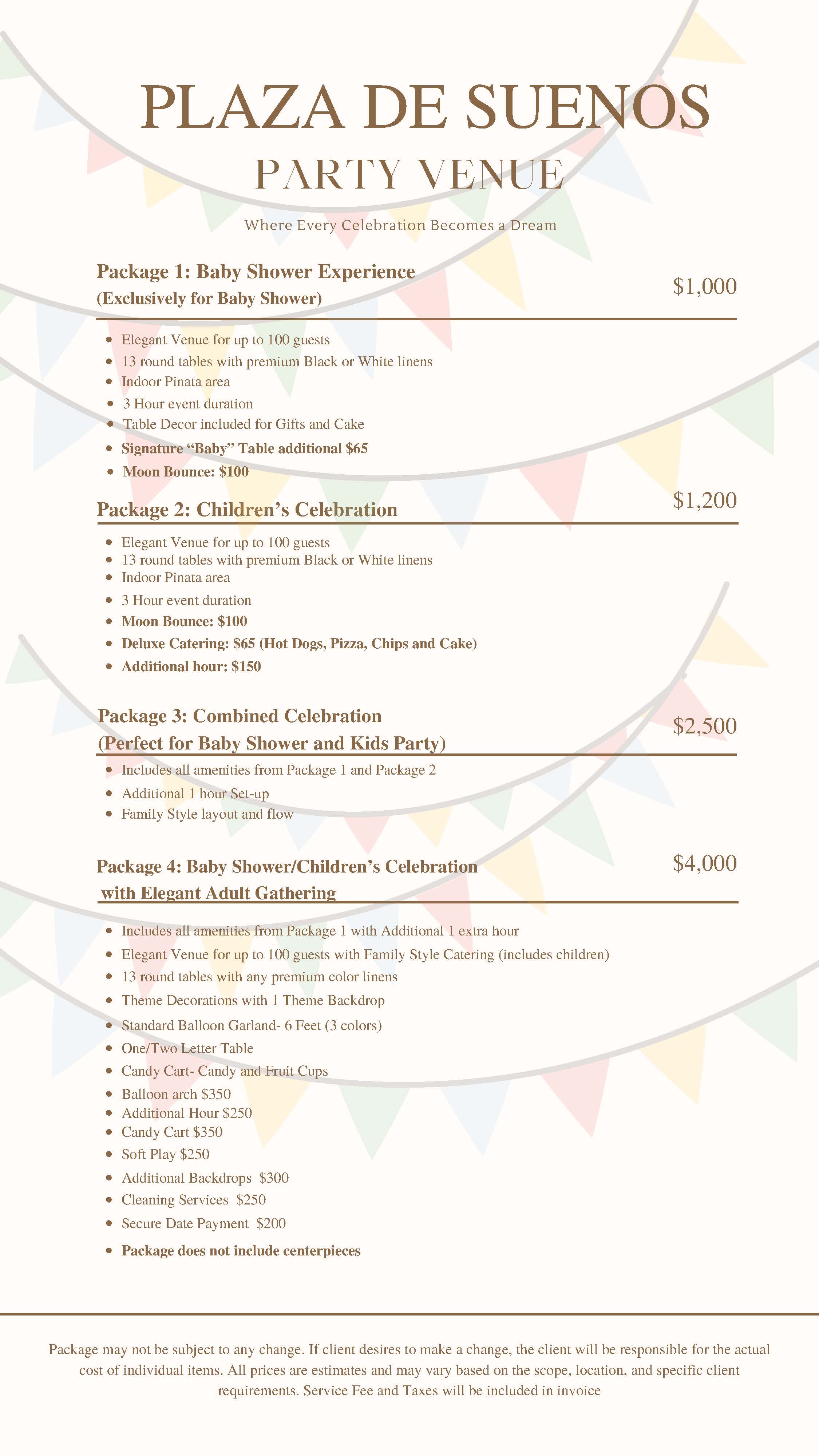 Event flyer with venue logo, bunting, pricing, and package highlights in cream and brown tones