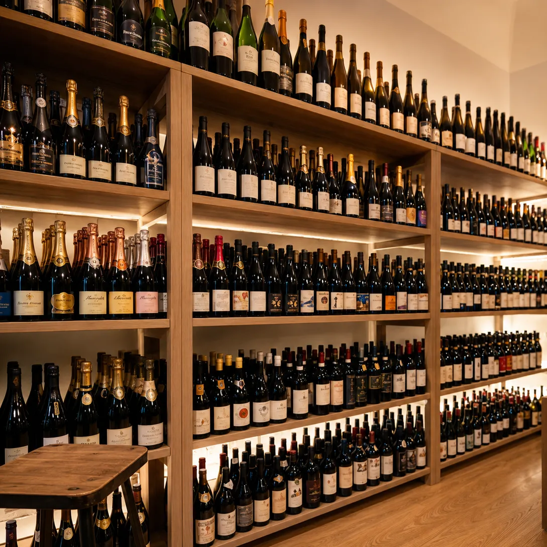Interno accogliente della VINOteca di Poli con Erika al centro, scaffali in legno e bottiglie (soggetto centrale visibile)