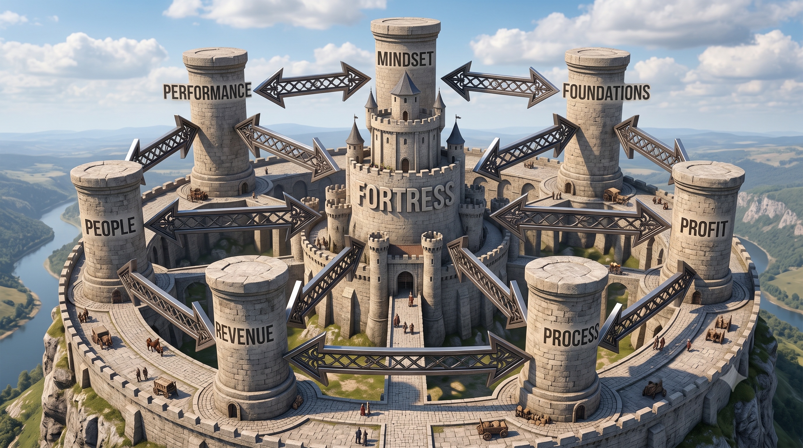 Fortress in the center with seven pillars surrounding it and two-way arrows showing interconnected systems