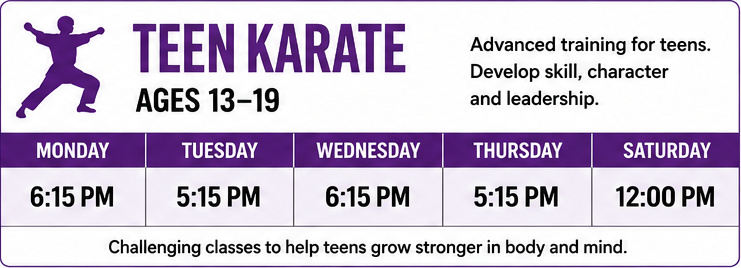 Teen karate class schedule (ages 13–19) at Super Kick Karate in Toronto