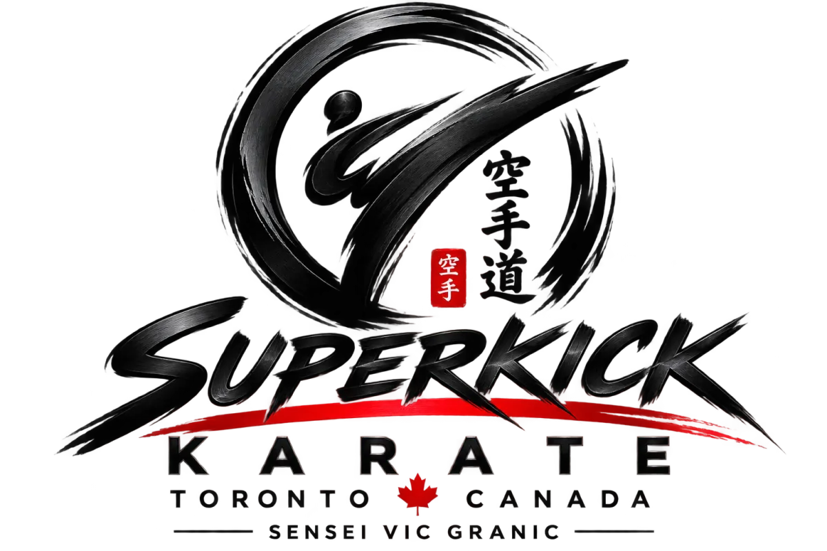 Super Kick Karate martial arts students practicing techniques in uniform at the Toronto dojo