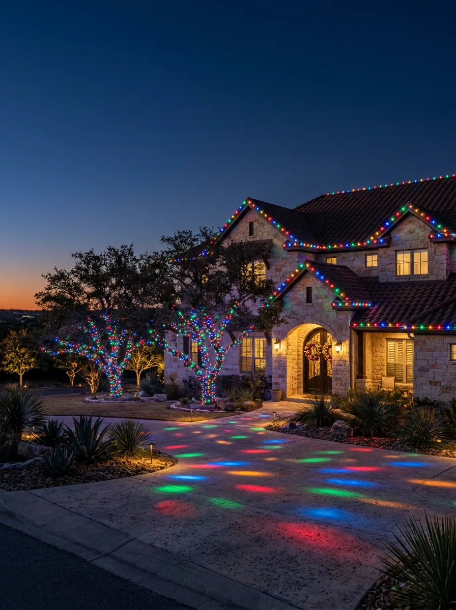 Professional multicolor Christmas light installation on wrapped oak trees at a San Antonio home